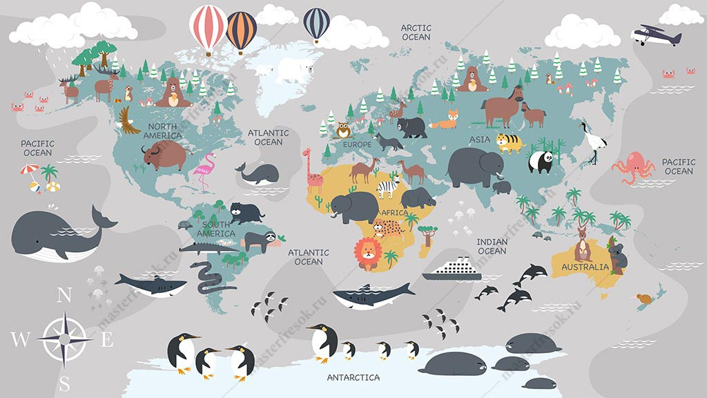 Фотообои Карта с морскими животными